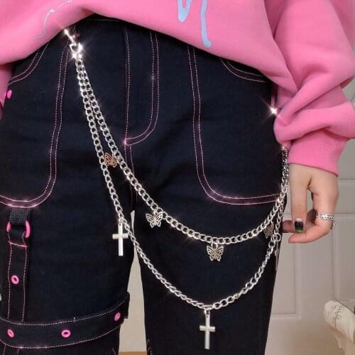 Hip hop Double Layer Metal Keychain Jeans Pants Chain For Women Trendy Punk Cross Butterfly Trousers Pants Waist Chain Jewelry