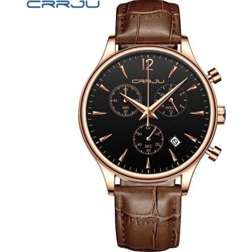 CRRJU 2019 New Men Genuine Leather Watch Classic Business Male Waterproof Chronograph Wristwatch Fashion Sport Date Clock