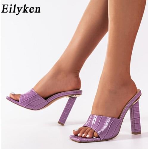 Eilyken Fashion Purple Snake Print Patent Leather Slides Women High Heels Mules Ladies Prom Slippers Square Toe Sandals Shoes