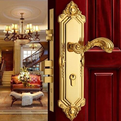 Europen Fashion Entrance Doors Door Lock Modern Brass Golden Interior Solid Wood Panel Handle Lock Rose Golden Bedroom Bookroom