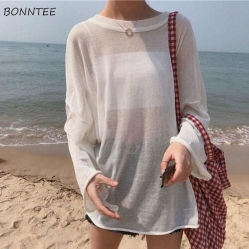 T-shirts Women Loose Summer Thin Knitting Solid Various Colors Sweet Leisure Popular Female All-match Holiday Sun-proof Clothing