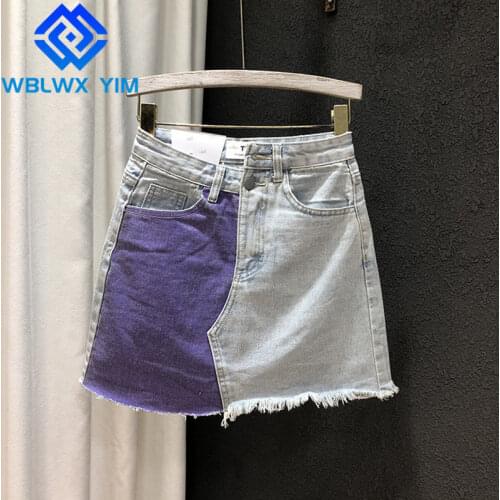 Summer Denim Skirt Women Tassel Pocket Fashion Patchwork High waist Washed Mini Skirt Female Loose A-Line Jeans Short Skirts
