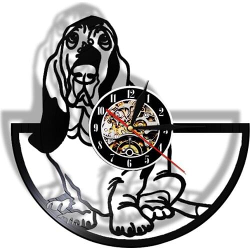 Basset Hound Dog Vinyl Record Wall Clock Animal Pet Silent Mute Wall Clock Dogs Breed Pet Shop Kit Decoration LED Night Light