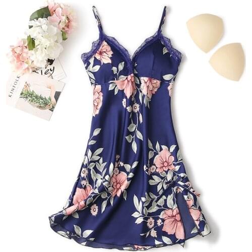 Sexy Print Suspender Nightgown&Sleepshirt Summer Backless Womens Lace Nightdress With Chest Pads Home Wear Nighty Dress