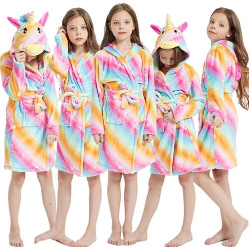 2020 New Winter Girls Bathrobes Children Hooded Flannel Soft Warm Bath Towels Unicorn Bathrobe Pyjamas Unicorn Nightgowns