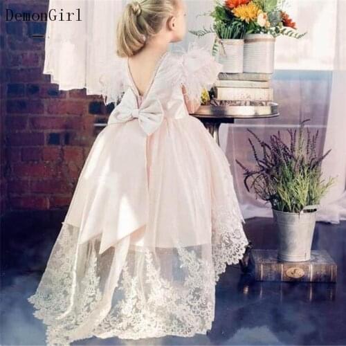 New Pink Flower Girl Dress Lace Applique Feather Sleeves High Low Style Girls Pageant Gowns Princess Birthday Party Dresses