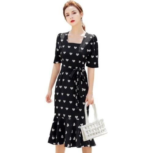 Customize Made Women Summer Fashion Plus Size 3XS-10XL Retro Vintage Heart Printing Long Midi Mermaid/Trumpet Dress