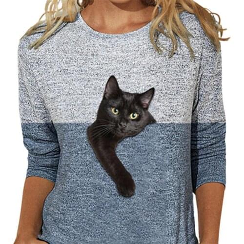 Casual Women Autumn Long Sleeve O Neck T-shirt Top Color Block Cats Print Blouse Women Autumn Long Sleeve T-shirt Top 2020 Blous