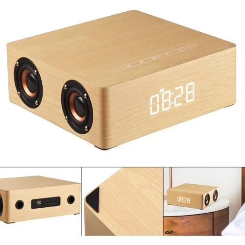 Q5C Clock Edition Wooden Speaker Home Four Speakers Time Display and 12W Full Frequency Horn for Smartphone PC MP3