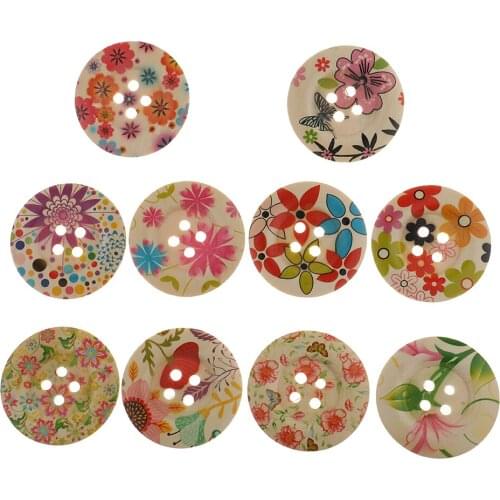 10 Pieces Multicolor Flower Floral Wooden Round Buttons 4-holes for DIY Sewing Crafts Decoration 50mm