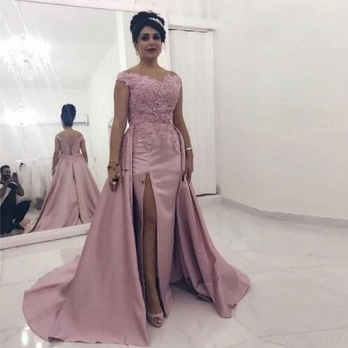 Modern Off the Shoulder Side Split Evening Dreses Overskirt Lace Appliques Lace Up Back Special Occasion Dress Satin Prom Gowns