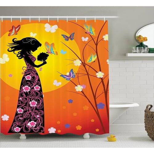 Teen Girls Shower Curtain Flowers Butterflies and Silhouette of Girl in Floral Dress with Bouquet Fantasy Art Bath Curtains