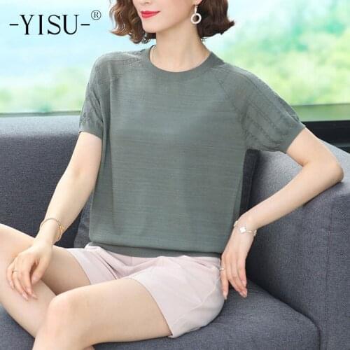 YISU Woman Clothing Summer Knitted Sweater Women Loose Thin Jumper Female Pullover O neck Short sleeve Solid color Casual Tops