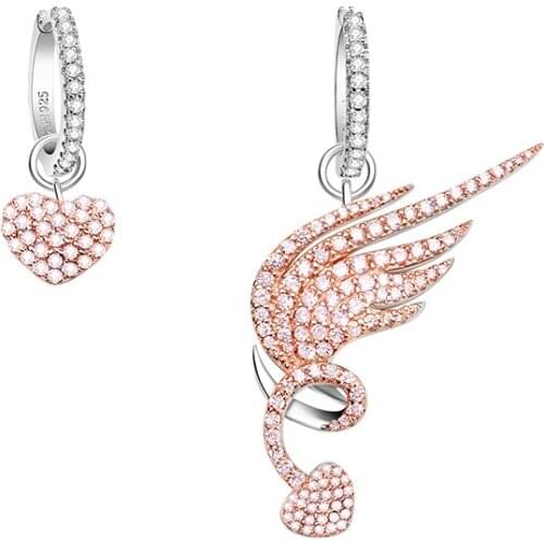 SOELLE Fashion Real 925 Sterling Silver Pink Cubic Zirconia Angel Wings and Love heart Asymmetric Earrings Women Brand Jewelry