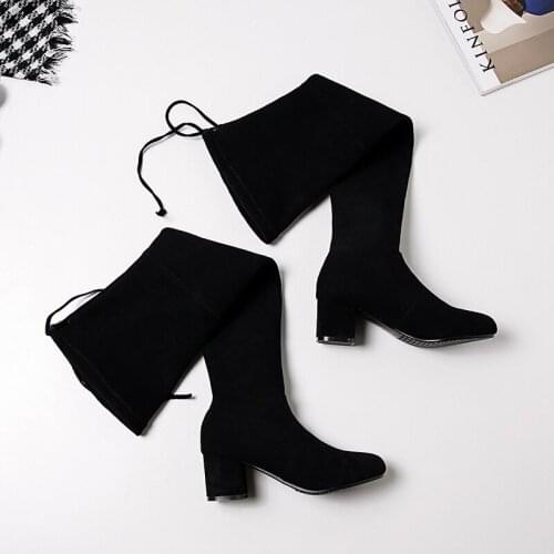 Black Beige Colors 2021 Thigh High Over The Knee Boots Faux Suede Leather Lace Up Stretch Boots Women Heels Long Boots Shoes
