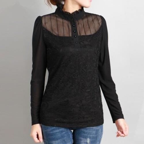 Women Lace Shirts Long Sleeve Stand-up collar Elegant Tempetament Blouses Spring Summer Ladies Loose Blusas Fashion Tops MM0731