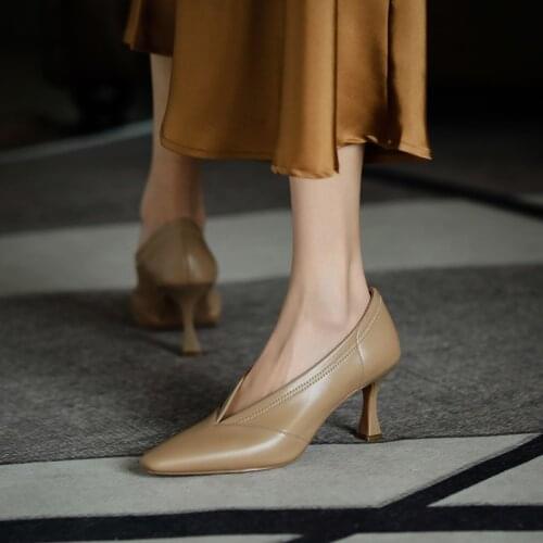 Genuine Leather Women Shoes Fashion Spring/Autumn Shallow Pumps Pointed Toe Slip-On Thin Heel Handmade Shoes Women Size 34-40