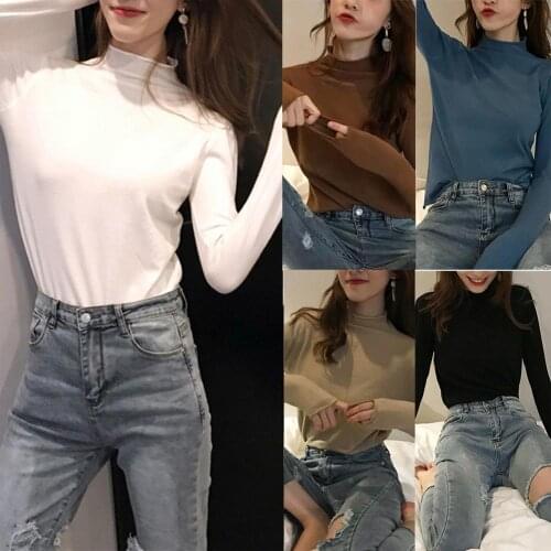 Ladies Knitted Sweater Women Pullovers Casual Solid Color Mock Neck Long Sleeve Sweater Bottoming Top Knitwear Female