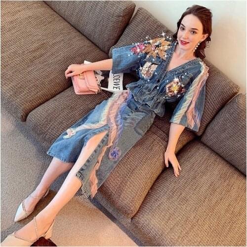 Heavy Sequins Spliced Denim Suit Elegant Temperament V-neck Short-sleeved Single-breasted Top+fashion Fork Skirt Two-piece Women