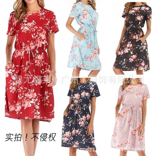 Dress Women Summer 2021 draw string waist receive floral printing short sleeve knee length Dresses Casual Vestidos BYT1963