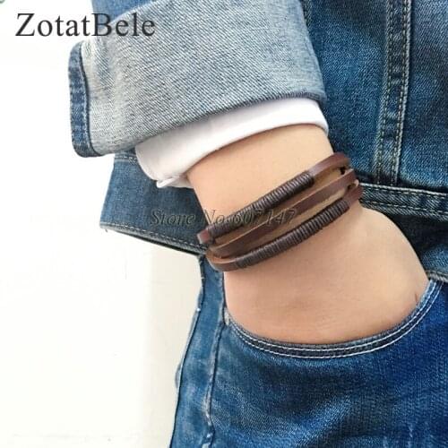 ZotatBele Twist Handmade 6pcs Bangle pulseira masculina Wrap Brown Retro Genuine Leather Bracelet Men with Braided Rope PT10