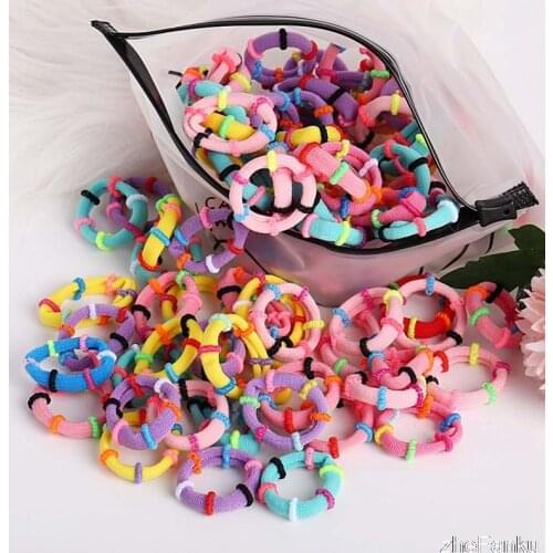 100pcs /Bag Children Cute Candy Cartoon Solid Rubber Bands Girls Lovely Elastic Hair Bands Kids Sweet Hair Accessories