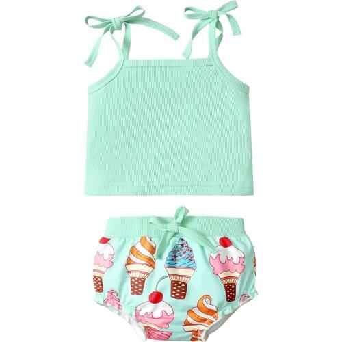 2Pcs Sweet Style Baby Clothes Little Girls Outfit Summer Solid Color Sleeveless Suspender Tops Ice Cream Printing Shorts Sets