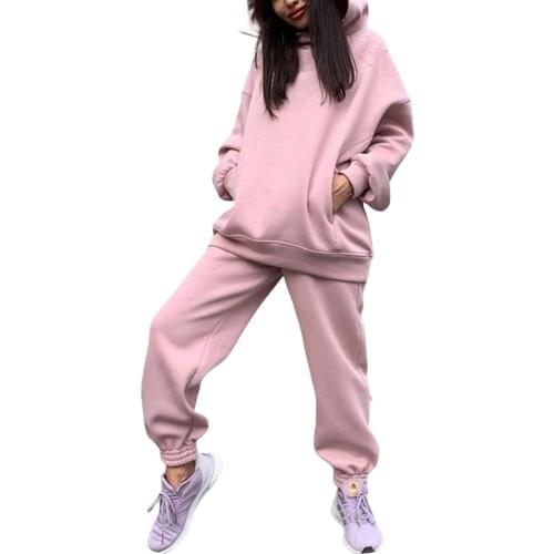 Autumn Winter Thick 2Pcs Women Set 2021 Fashion Fleece Casual Outfit Sport Suit Tracksuit Hoodie Sweatshirt+Jogger Sweatpants