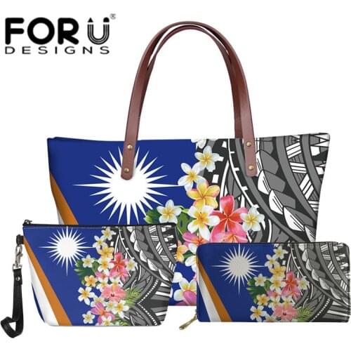 3pcs Blue Polynesian Marshall Islands Tribe Pattern Women Fashion Plumeria Tote Bags PU Leather Long Purses Travel Large Handbag