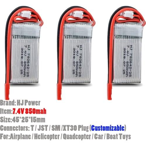 3Pcs 7.4V 850mAh 20C RC Lipo Battery With JST/ T/ SM/ XT30 Plug (Customizable) Connectors For Airplane/Helicopter/Quadcopter Car