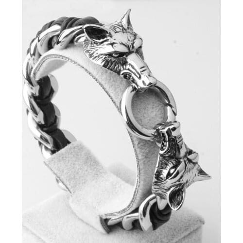 Brand New Mens Jewelry Silver Stainless Steel Gothic Animal Wolf Curb Chain Black Leather Bracelet