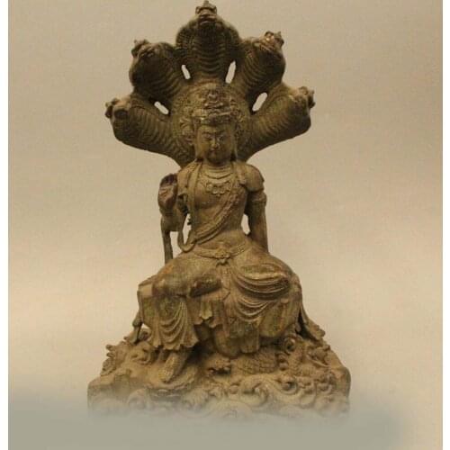 DS 12" Tibet Buddhism Bronze Seat 5-Heads Snake Naga Kanya Goddess Buddha Statue
