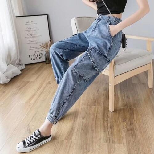 Big Pocket Mom Denim Plus Size Jeans Elastic High Waist Cargo Streetwear Gothic Punk Pants 90s Womens Clothing Jean Trousers