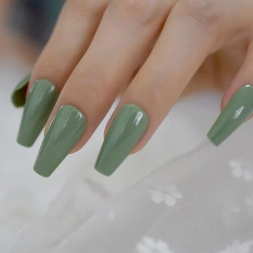 Glossy Olive Green Press on False Nails Extra Long UV Gel Coffin Ballerina Flat Shape Press On Fingersnails Free Adhesive Tapes