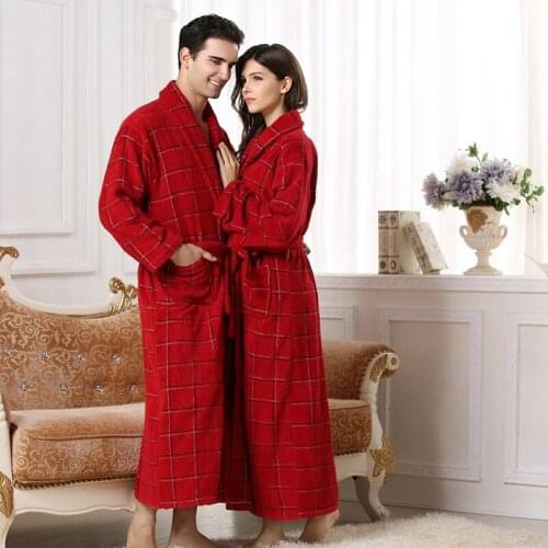 Winter Thick Plaid Toweling Terry Robe Cotton Robe Lovers Robe Men And Women Robe Bathrobe Soft Sleeprobe Casual Long Robe