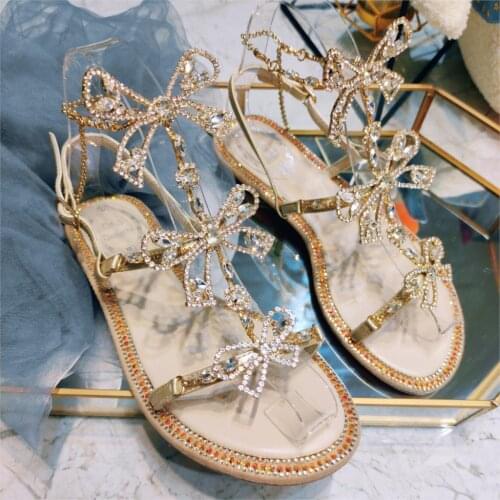 Koovan Womens Rhinestone Sandals Female Fairy Flat Bow 2020 New Summer Rome Crystal Field Strap Sandals For Girls