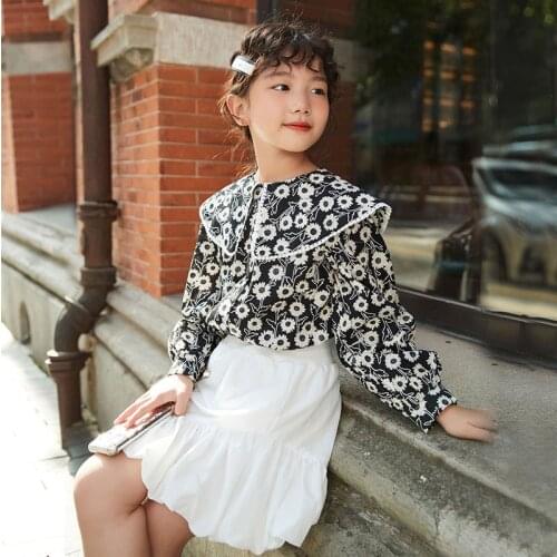 Korean Girls Flower Print Shirts 2021 Autumn 8 10 year Elegant Fashion Teen Girls Blouse