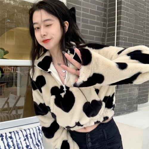 Harajuku Heart Full Print Jacket Women Winter Korean Loose Long Sleeve Thick Zipper Pocket Stand-up Collar Y2K plush Lamb Coat