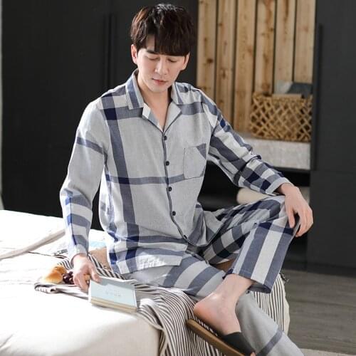 Mens Plaid Suit Long Pants Sleepwear Short Sleeve Mans Spring Nightclothes Simple Summer Homewear Casual Mens Bedgown Set