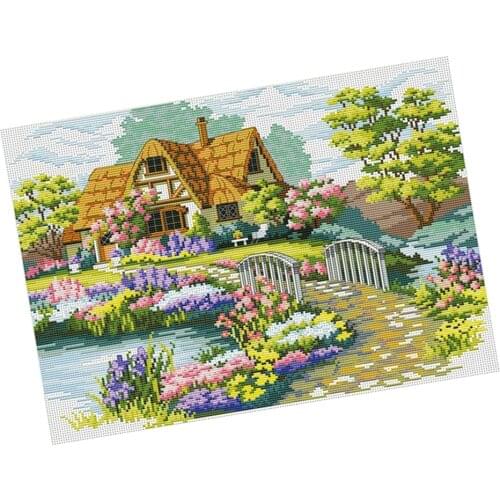 Cross Stitch Stamped Kit Garden Cottage Pattern Embroidery Needlepoint Craft for Adults Beginners Sewing Needlepoints Kit