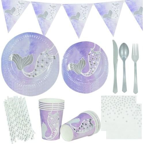 Mermaids Party Tableware Sets Purple Mermaid Tail Paper Cups Plates For Baby Shower Kids Under The Sea Birthday Party Supplies
