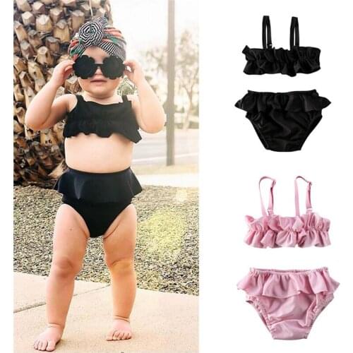 1-5 Years Girls Swimsuit Set Solid Pleated Sleeveless Sling Short Top Ruffled High Waist Elastic Briefs Bikini Girls Swimwear