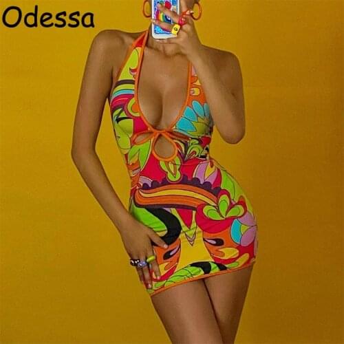 Odessa Graffiti Print Hollow Out Off Shoulder Sexy Summer Dress Y2K Fashion Street Women Sleeveless Bodycon Party Mini Dresses
