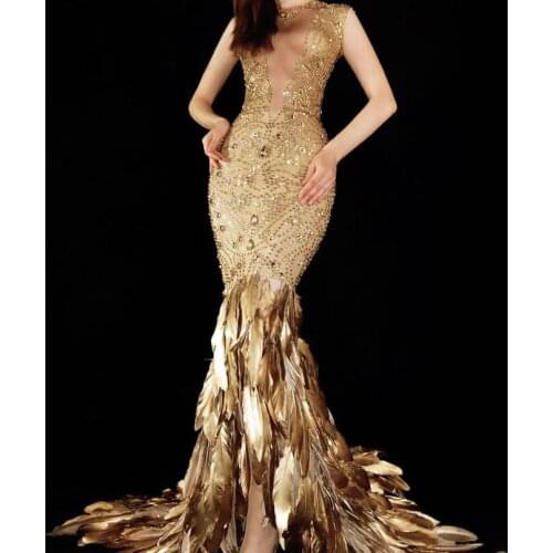 Luxury gold feather dress long evening dresses party girl women birthday celebrate outfit dj singer stage performance show wear