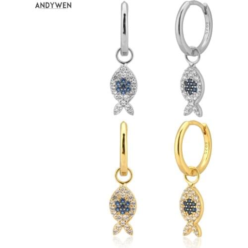 ANDYWEN 925 Sterling Silver 8.5mm Fish Pendant Blue Eye Charm Drop Earring Women Fashion Wedding Jewelry Piercing Pendiente