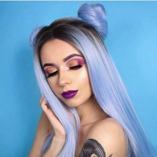 Melody Synthetic Lace Front Wig Long Silky Straight Dark Root Ombre Sky Blue Heat Resistant for Women Natural Looking Daily Wear