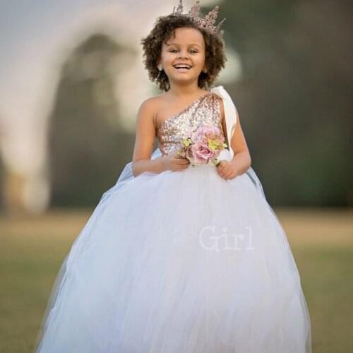 Gold Sequined Flower Girl Wedding Dresses White Flower Girl Tutu Dress Baby Girl Tutu Dress for Birthday Party Wedding Photo