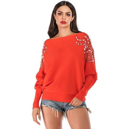 Womens autumn winter sweater loose solid color beaded knit sweater coat