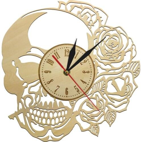 Tattoo Skull With Rose Vintage Wood Wall Clock Hippie Skull Modern Wall Hanging Decor Halloween Horror Eco Friendly Natural Art