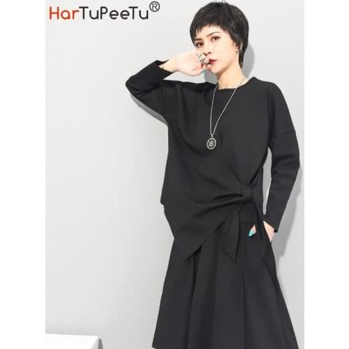 Women Black T Shirt Harajuku Cotton Oversize Autumn 2020 Irregular Hem Cuff Long Sleeve Basic Pullover Tops Lace-up Bow Decorate